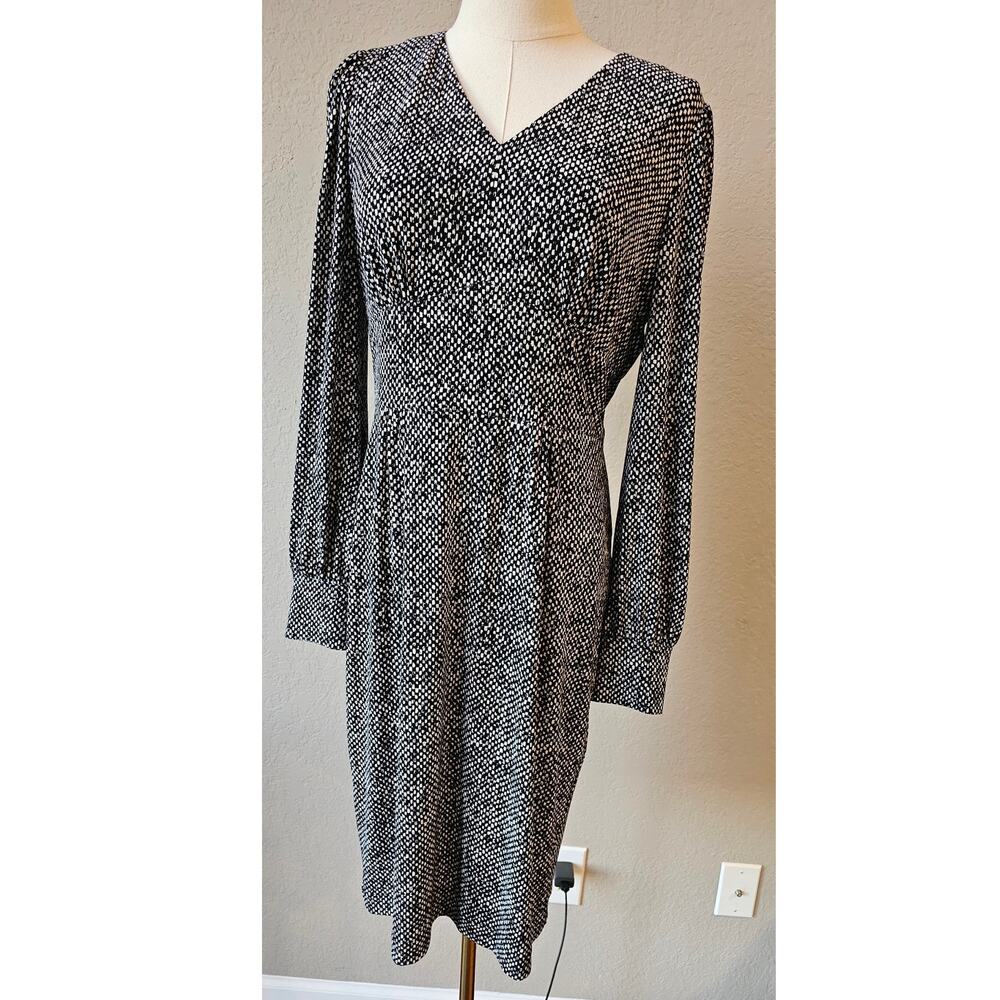 Brooks Brothers Kit Abstract Long Sleeve V-Neck Midi Dress Black/White Size S